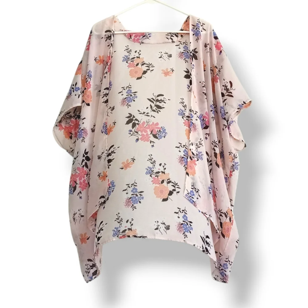 Pink Floral Sheer Kimono Wrap Elegant Soft Girl Femme Flowy Pastel Airy Light OS